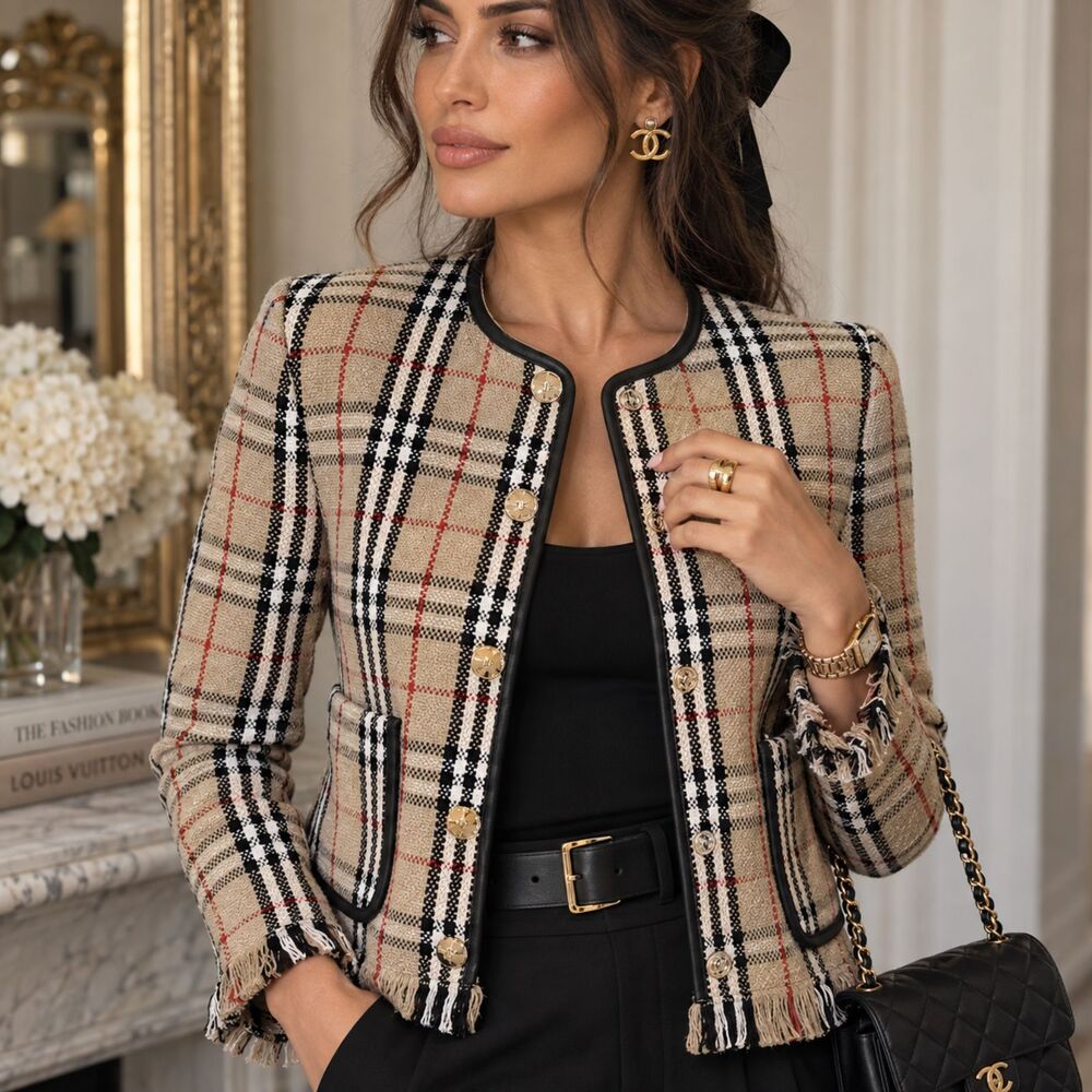 BURBERRY Upney Vintage Check Bouclé Collarless Jacket, Size 4